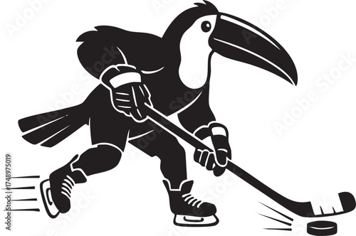 Toucan ice-hockey mascot – black & white vector illustration of cartoon bird skating with stick and puck
