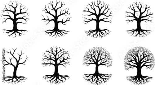 Collection of minimalist black tree silhouettes with roots, elegant nature illustration symbolizing balance, growth, and environmental harmony design concept