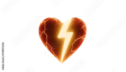 A digital illustration of a fiery red heart shape with cracks like lava