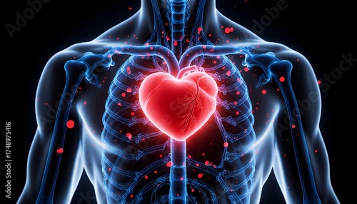 The Human Heart Glows Inside the Transparent Body Skeleton
