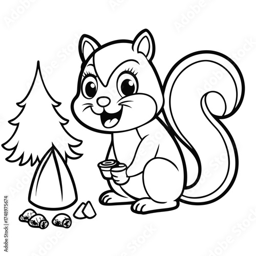 Coloring Page Featuring a Squirrel Hunting for Food Amidst Nature's Bounty