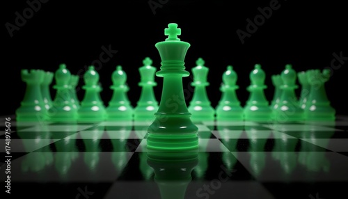 A neon green chess King piece stands in the middle of a reflective chessboard on a black background