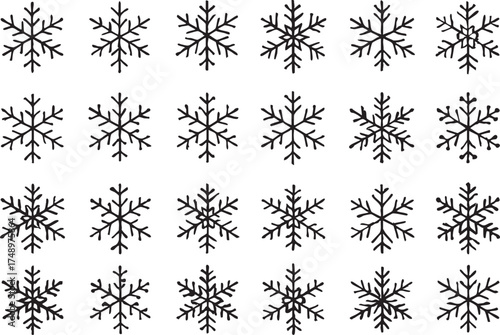 Snowflake silhouette set of 24 black snowflakes on white background