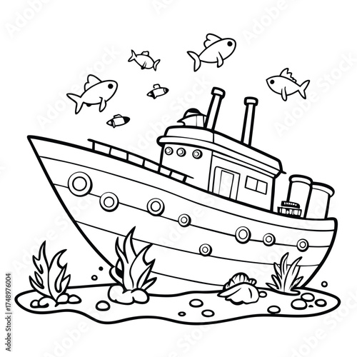 Coloring Page: Intricate Sunken Ship Adorned with Marine Life