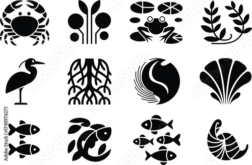Minimalist black and white aquatic animal and plant icons set, marine life illustration collection with fish, crab, frog, shell, seaweed design