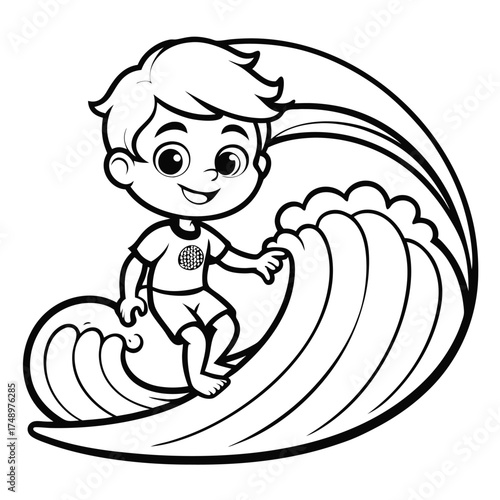 Intricate Coloring Page Depicting a Surfer Taming a Towering Ocean Wave