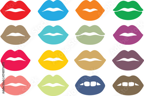 Colorful lipstick kiss prints. Seamless pattern lipstick kiss. Fabric print design, cosmetic industry marketing poster or flyer idea. Different shapes female sexy lips. EPS 10
