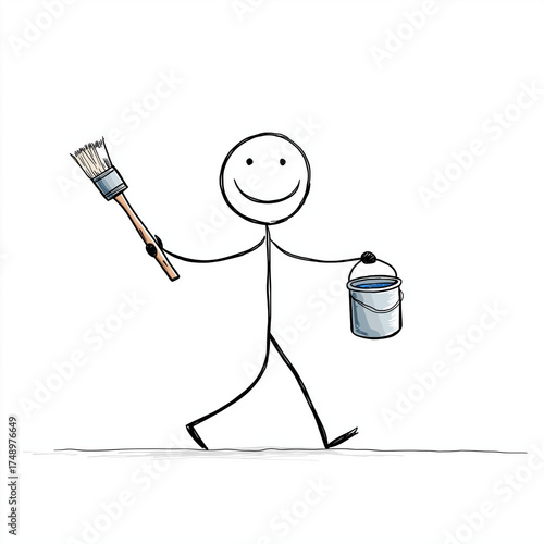 Happy Stick Figure Painter with Brush and Paint Bucket isolated on white background. 