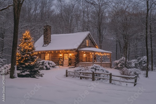 Log cabin in snow with Christmas lights.
