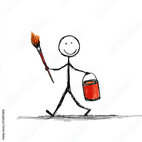 Happy Stick Figure Painter with Brush and Paint Bucket isolated on white background. 