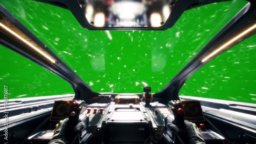 Inside a spaceship cockpit with a green screen view of stars.