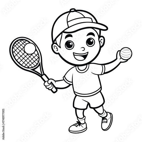 Black and White Coloring Page of a Tennis Player Serving with a Racket