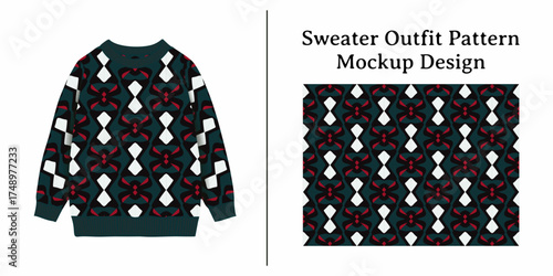 Detailed Sweater Outfit Pattern Mockup Design Featuring an Argyle Inspired Geometric Print. This Visual Presentation Showcases the Versatile Application of the Created Textile Art.
