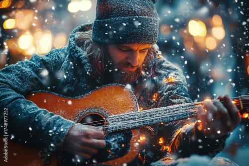 Man playing guitar in snow.