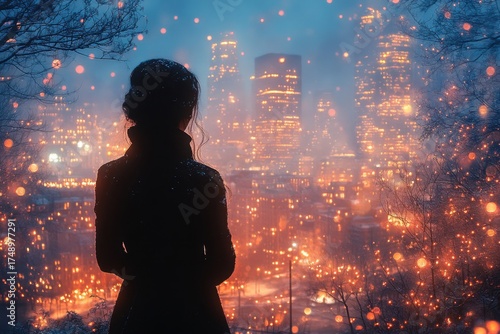 Woman standing in front of cityscape.