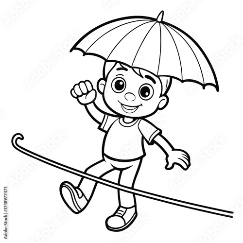 Coloring Page Featuring a Tightrope Walker with a Colorful Umbrella