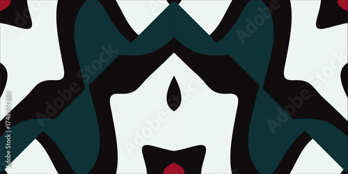 An Abstract Pattern Featuring Geometric Shapes in Teal White and Black Accented by Red Dots.