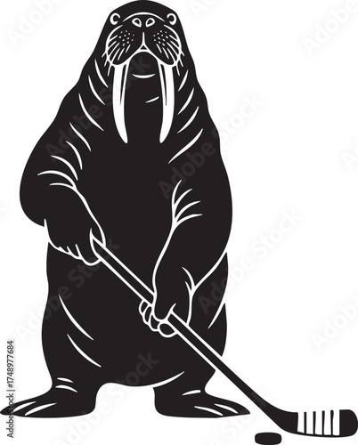 Canvas Print Walrus ice-hockey mascot – black & white vector illustration of cartoon marine a