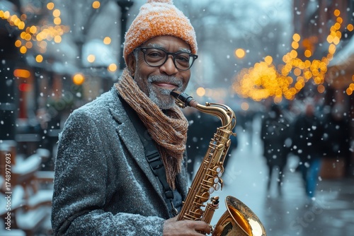 Man playing saxophone in snow.