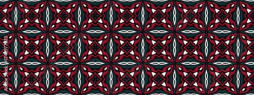 Intricate geometric pattern featuring deep crimson and dark teal with subtle white accents creating a sophisticated decorative background.