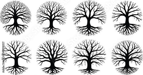 Set of eight black tree silhouettes with roots, nature illustration, symbolic life growth concept, detailed vector design for ecology