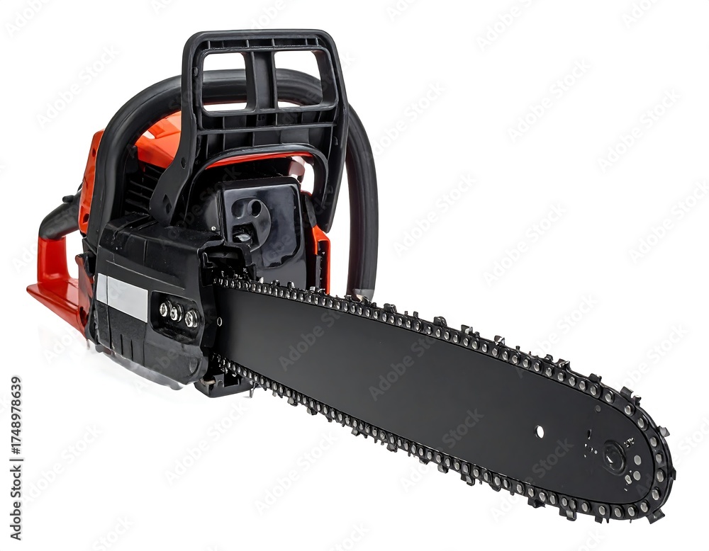 Fototapeta premium A close-up shot of an orange and black gas-powered saw against a white background. The cutting blade is prominent