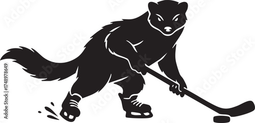 Weasel ice-hockey mascot – black & white vector illustration of cartoon animal skating with stick and puck