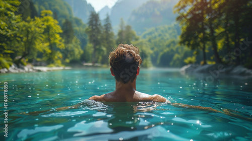 Man swimming in a turquoise river surrounded by lush green mountains.