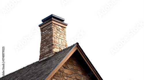 Close-up of a stone chimney on a house roof.