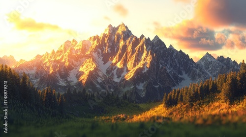 Majestic Mountain Range at Golden Hour with Sunlit Peaks, Lush Forest, and Grassy Slopes during Sunrise or Sunset