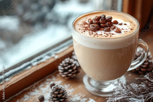 Cup of hot chocolate with coffee beans and chocolate.