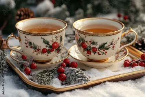 cups of tea adorned with holly and berries.