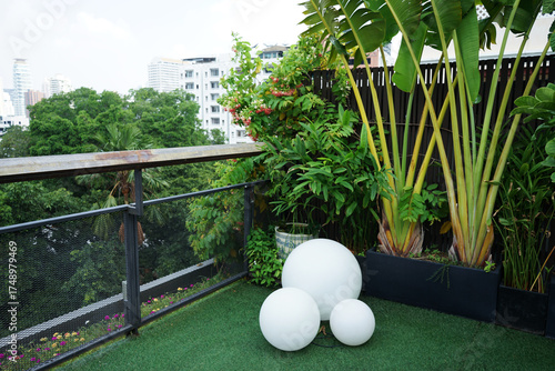 Exterior architecture and Balcony terrace design with aerial view of Bangkok metropolitan cityscape- The capital city of Thailand