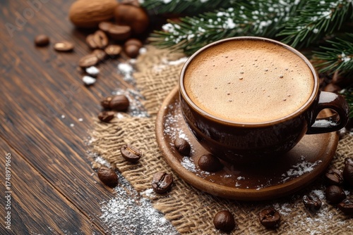Cup of coffee with nuts and cinnamons.