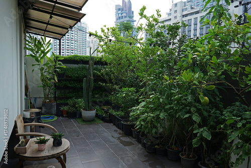 Exterior architecture and Balcony terrace design with aerial view of Bangkok metropolitan cityscape- The capital city of Thailand