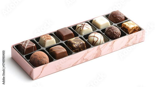 Assorted chocolate truffle box gourmet bonbon selection marble pink packaging mixed dark milk white elegant confection gift sweet dessert treats luxurious artisan candy festive present indulgent