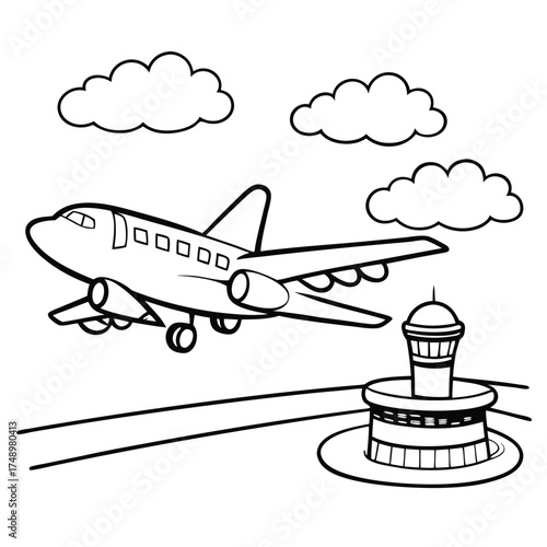 Coloring Page: Airplane Taking Off from an Airport Runway