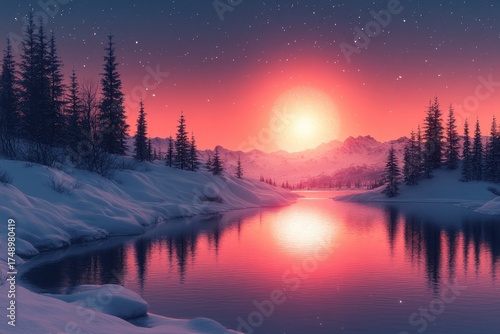 A lone figure walks by a frozen lake in a snowy landscape with tall trees.