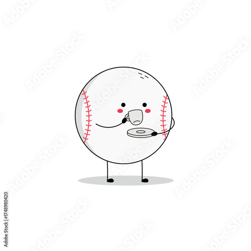 Cute baseball ball cartoon character drinking tea doodle