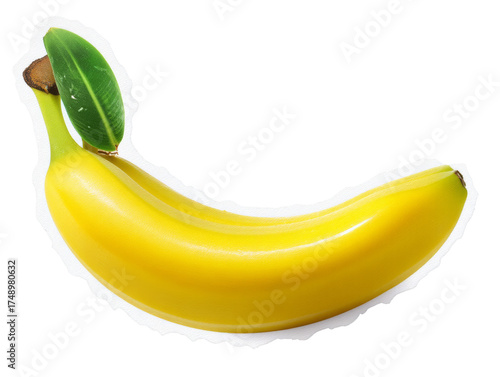Single Yellow Banana Fruit Illustration with Green Leaf on a Transparent Background
