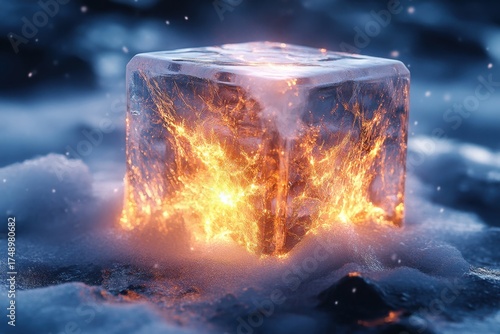 Cube of fire on frozen lake.