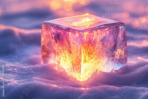 Glowing ice cube on snow.