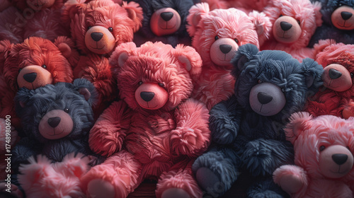 Many teddy bears of different colors, close-up.