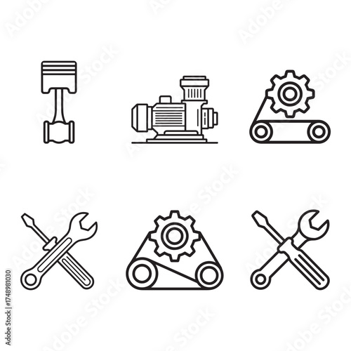 Set of six black and white line art icons for mechanical engineering and repair vector