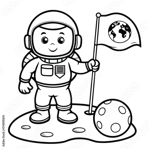 Coloring Page: Astronaut Plants American Flag in Space on Planet with Nebulae
