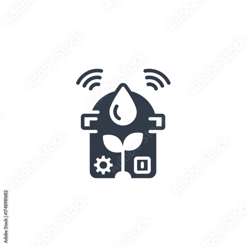 Smart agriculture technology icon with plant, water droplet, wireless signals, and gear representing automated irrigation and growth.