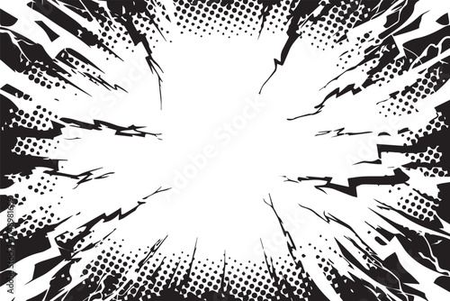 Comic Style Explosion: Dynamic graphic design, with radial lines and halftone dots creating a dramatic burst effect. The explosion style perfectly captures intense energy and motion.