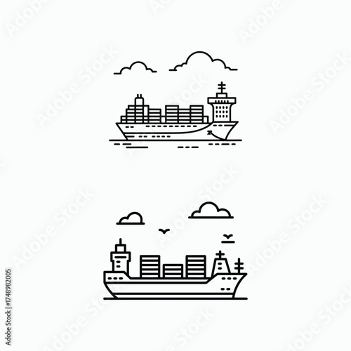 Two line art cargo ships sailing on water with clouds and birds container ship freight ship