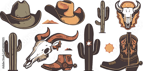 Western Iconography: A collection of classic Western imagery, featuring cowboy hat, cactus, boots, and animal skull. Each element evokes the rugged spirit of the Wild West. 