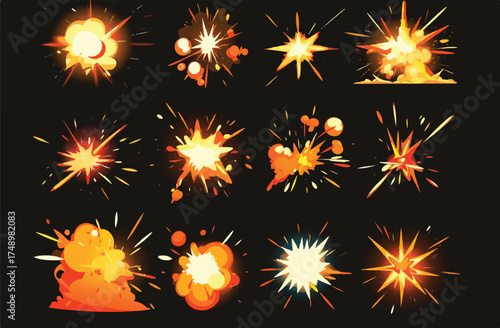 Explosion Elements in Motion: A dynamic collection of animated explosions in vibrant hues, ideal for conveying energy, impact, and destructive force in various design projects.